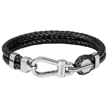 Ανδρικό δερμάτινο βραχιόλι Boss 1580699M σε μαύρο χρώμα με πλεκτό σχέδιο και ασημί κούμπωμα.